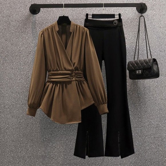 New Elegant Women's Velvet Pants and Chiffon Top Two-piece Set - Picture 3 of 3